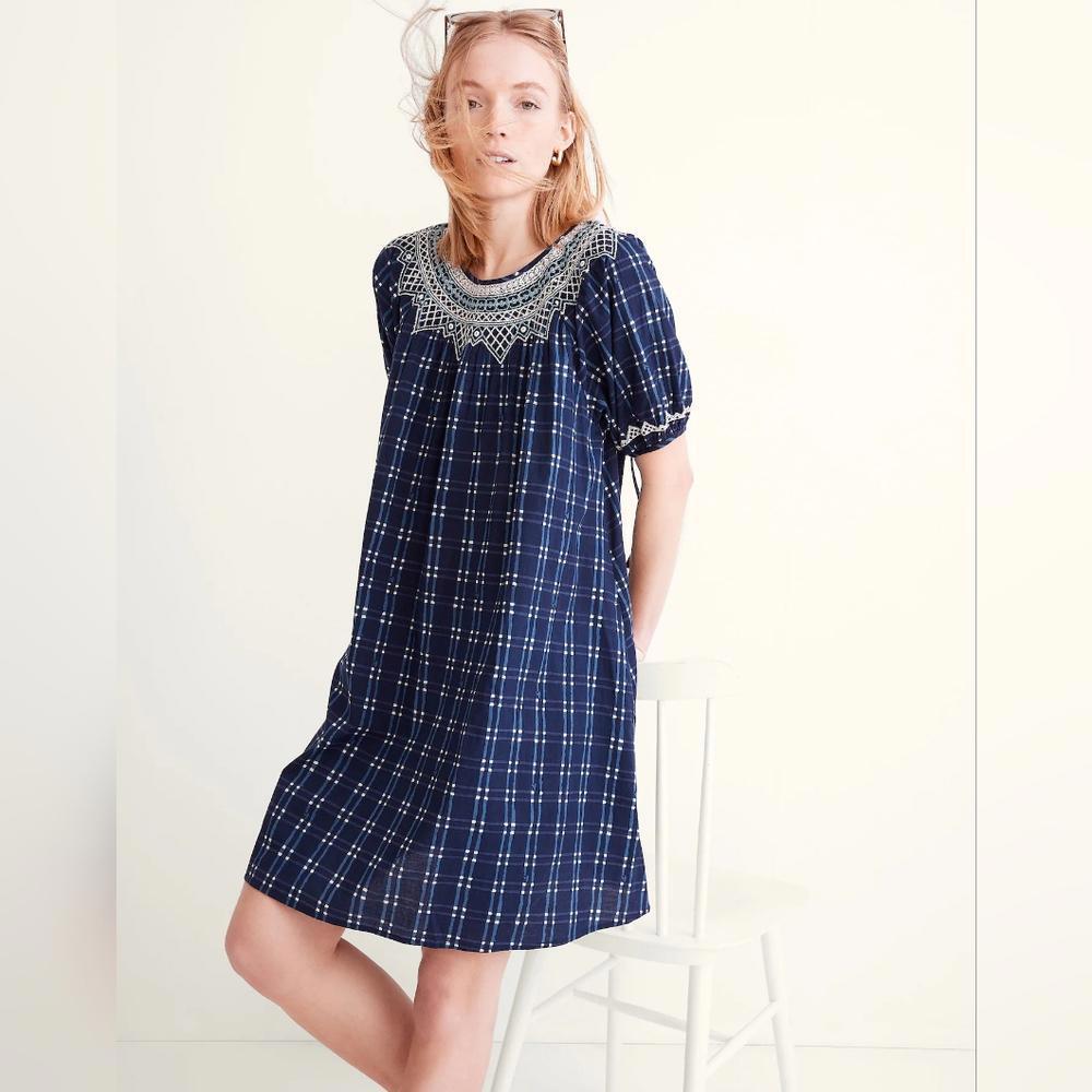 Madewell Embroidered Puff-Sleeve Babydoll Dress in Indigo Plaid XS